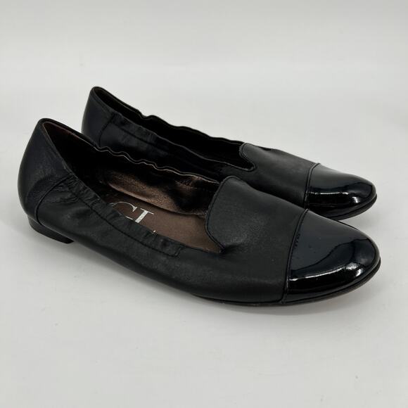 AGL Cap Toe Loafer Women EU 37.5 US 7.5 Black Leather Patent Ballet Flat Italy - Picture 1 of 9